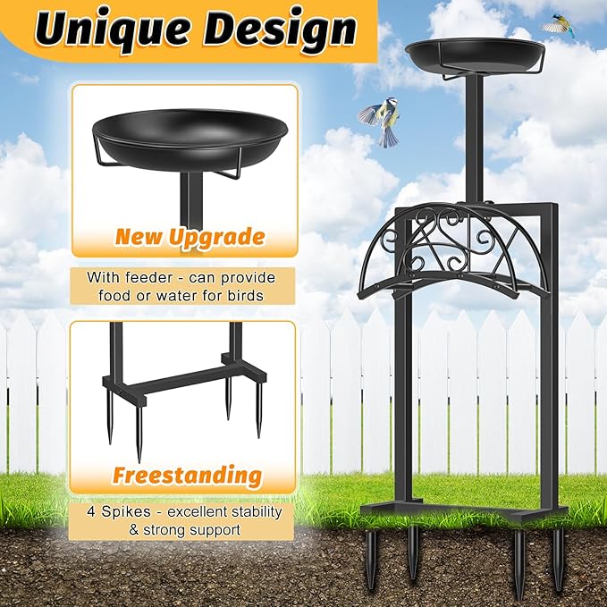 Garden Hose Holder Hanger Freestanding, Upgraded 4 Spikes Heavy Duty Storage Reel Stand with Bird Feeder Bowl, Holds 150ft Hose for Outside Garden Yard Lawn Vegetable Patch
