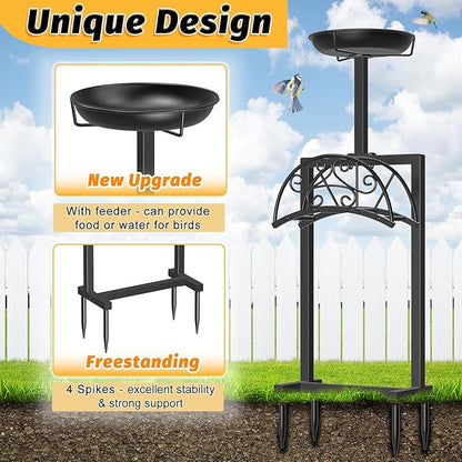 Garden Hose Holder Hanger Freestanding, Upgraded 4 Spikes Heavy Duty Storage Reel Stand with Bird Feeder Bowl, Holds 150ft Hose for Outside Garden Yard Lawn Vegetable Patch