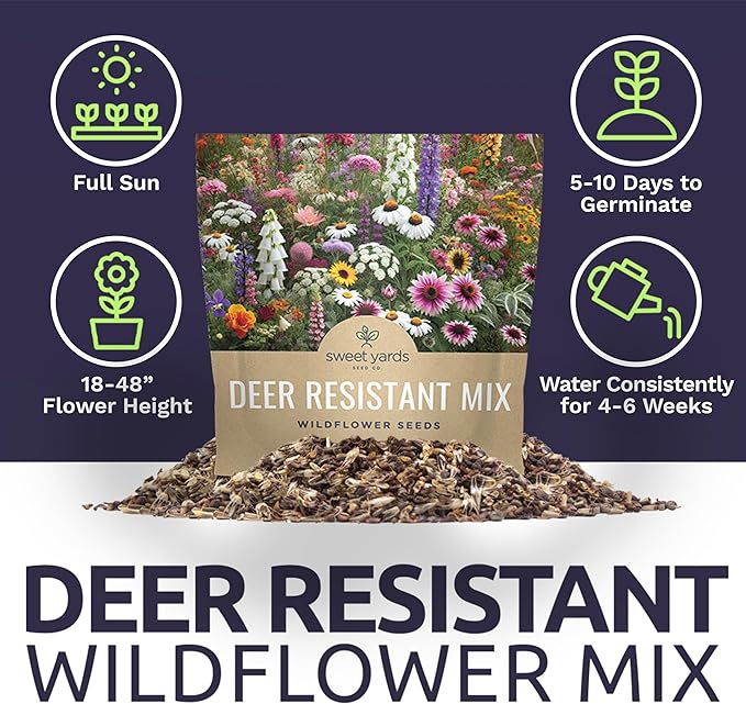 Deer Resistant Wildflower Seed Mixture - Bulk 1 Ounce Packet - Over 15,000 Deer Tolerant Seeds - Open Pollinated and Non GMO