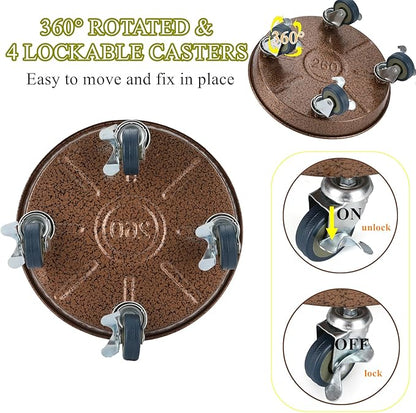 10" Plant Caddy with Wheels, Rolling Plant Stand 180 LBS Heavy Duty Metal Tray NO Holes with Large Metal 360° Lockable Caster Wheels for Outdoor Indoor Large Plant Pots, Flower Pot, Patio, 1 Pack