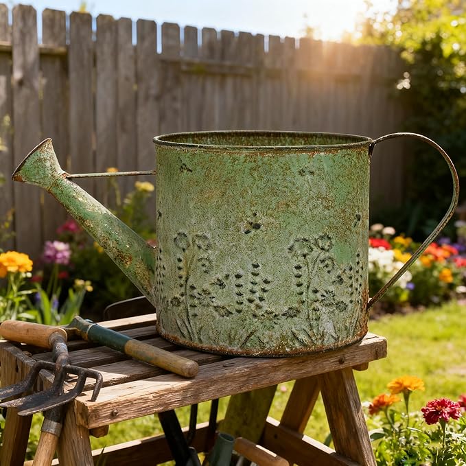 Vintage Metal Watering Can with Floral Embossed Design Garden Distressed Green Decorative Watering Pot Planter Rustic Farmhouse Waterer for Home Indoor Outdoor Garden Balcony Courtyard (Green)