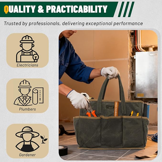 Tool Tote Bag, Heavy Duty 16oz Waxed Canvas Garden Tool Bag | Portable 11-Pocket Tool Storage Bag for Gardener Electrician Contractor Repairman (14"L x 5.5"W x 10.5"H) – Army Green
