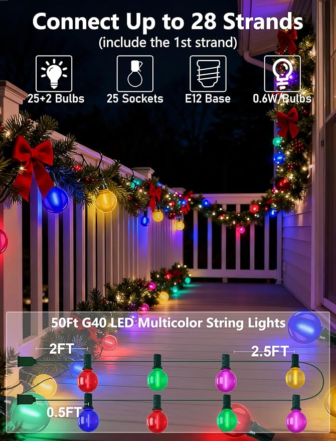 50Ft Outdoor Frosted Multicolor Lights, LED G40 Globe Patio String Lights with 25 0.6W Ceramic Colorful Bulbs(2 Spare), Outside Christmas Lights for Holiday Party Backyard Christmas