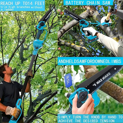 4-in-1 Cordless Pole Saw & Electric Pruning Shears, 8-inch Mini Chainsaw, Pole Pruner, Brushless Motor, Adjustable 16-ft Extension Pole, and 2×21V Battery for Tree Pruning and Timber Cutting