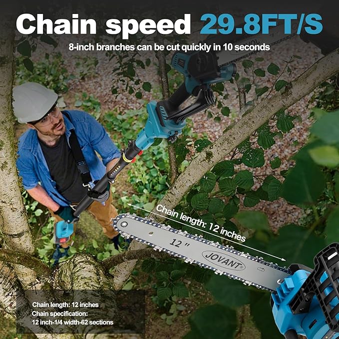 12 Inch Electric Pole Saws for Tree Trimming, 2-in-1 Cordless Pole Saw 2 x 4.0Ah Battery Powered Pole Chainsaw Lightweight with Shoulder Strap for Thicker Wood Cutting Pruning