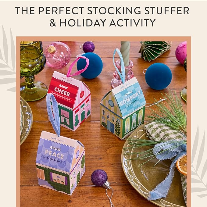 Modern Sprout Homegrown Ornament Grow Kit, Organic Basil, Mint, and Lavender Seeds, Gift Topper for Planting Indoor & Outdoor, Christmas Tree Ornaments, Unique Gardening Gifts & Holiday Decor - 3 Pcs