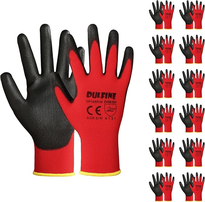 Safety Work Gloves PU Coated-12 Pairs,Red Seamless Knit Glove with Polyurethane Coated Smooth Grip on Palm & Fingers, for Men and Women, Ideal for General Duty Work (Small)