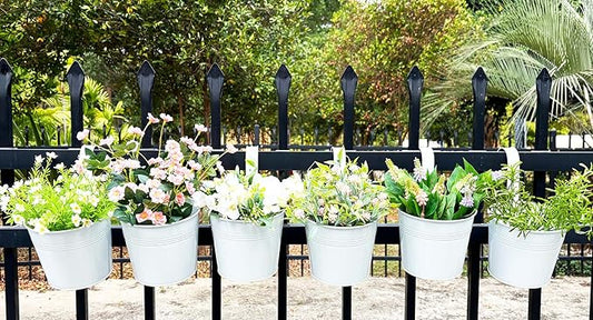 6 Pack Hanging Flower Pots, 6" White Metal Balcony Planters for Herb Succulent, Samll Railing Fence Hanging Bucket for Outdoor/Indoor Decoration (White, Pack of 6)