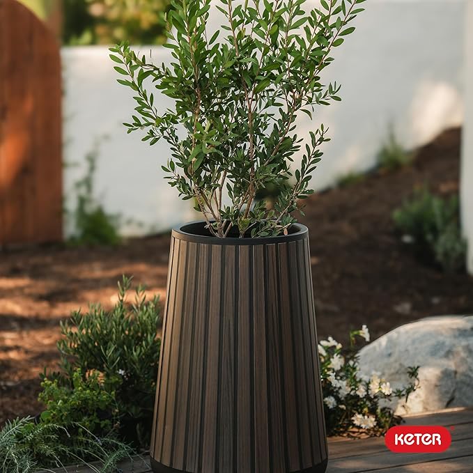 Keter Signature Conic 28.5 Inch Tall Round Large Wood Look Planter for Indoor or Outdoor Flower Pot Ideal for Patio Deck and Front Porch Decor, Rosewood