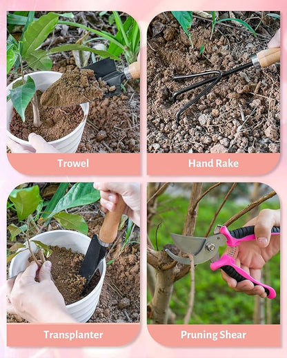 Pink Gardening Tools, Garden Tool Set for Women,5 Piece Womens Gardening Kit with Floral Garden Bag,Gifts for Wife (5-Piece Pink)