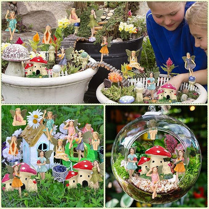 Fumete 13 Pcs Miniature Fairies & Mushroom House Figurines - Mini Garden Accessories for Outdoor Yard & Home Decoration