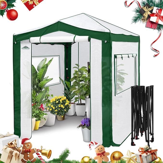 EAGLE PEAK 8x6 Portable Walk in Greenhouse with Polyester Reinforced Corners, Instant Pop Up Indoor Outdoor Gardening Green House, Roll Up Zipper Entry Doors and Mesh Windows, Green/White