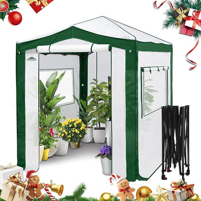 EAGLE PEAK 8x6 Portable Walk in Greenhouse with Polyester Reinforced Corners, Instant Pop Up Indoor Outdoor Gardening Green House, Roll Up Zipper Entry Doors and Mesh Windows, Green/White