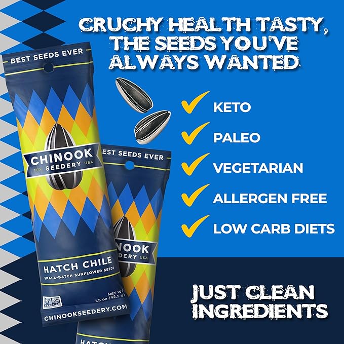 Chinook Seedery Low Sodium Sunflower Seeds – Hatch Chile Flavor, Pack of 36, 1.5oz – Sunflower Seeds to Eat – Keto, Jumbo, Roasted, Baseball Snacks