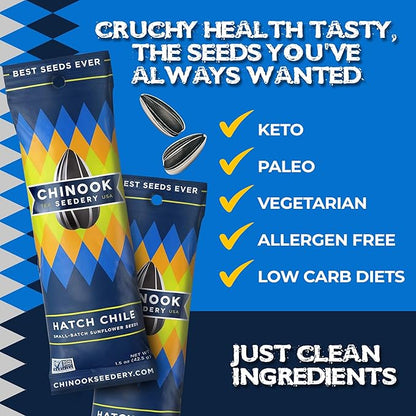 Chinook Seedery Low Sodium Sunflower Seeds – Hatch Chile Flavor, Pack of 36, 1.5oz – Sunflower Seeds to Eat – Keto, Jumbo, Roasted, Baseball Snacks