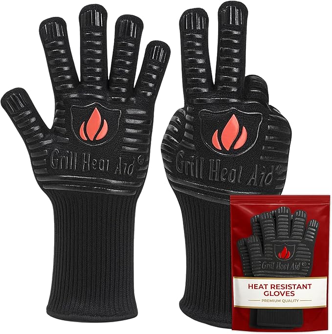 GRILL HEAT AID BBQ Grill Gloves 1472°F - Extreme Heat Resistant Oven Mitts for Grilling, Smoker & Fire Pit with Silicone Grip & EN407 Cut Resistance - Mid Cuff, Black