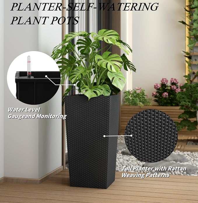 30in Tall Planter, Self Watering Pots for Indoor/Outdoor Plants with Drain Holes, Water Level Monitor, Inner Bucket for Front Porch Patio, Black Large(1 Set)