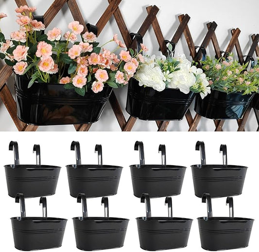 8 Pack Metal Hanging Planter for Outdoor Plants, 10 Inch Black Fence Planters Railing Pots for Garden Patio Balcony Decor, Flower Bucket with Detachable Hooks (Black, 8Pcs)
