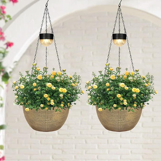 2 Packs Hanging Planters Basket for Outdoor Plants, Solar Powered Self Watering Copper Round Plastic Flower Pots with Drainer for Balcony Patio Garden Outdoor Decoration