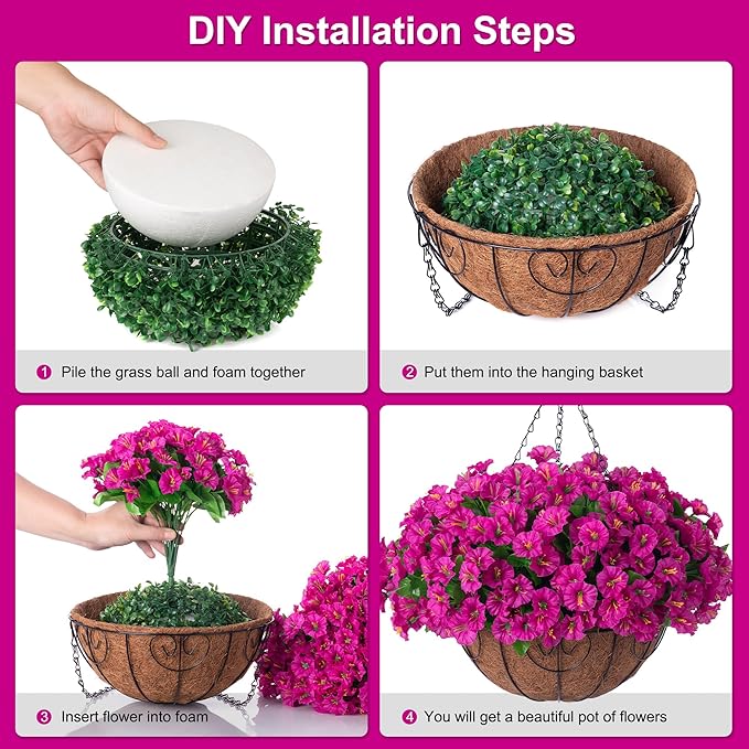 Artificial Hanging Flower Plants with Basket for Outdoor Decoration, Faux Petunias Flowers Fake Morning Glory Planter for Outside Patio Garden Porch Balcony Yard Decor(Fuchsia)