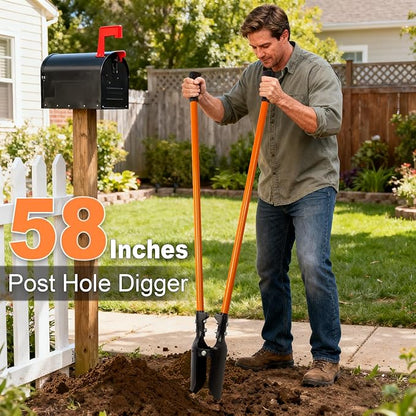 Post Hole Digger, Heavy Duty with Fiberglass Handle, Carbon Steel Blades, 58 Inches, Orange & Black