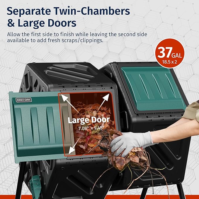 East Oak Dual Chamber Outdoor Compost Tumbler, 2×18.5 Gallon Compost Bin, Rotating Composter with Aeration & Locking System for Garden, Kitchen & Yard