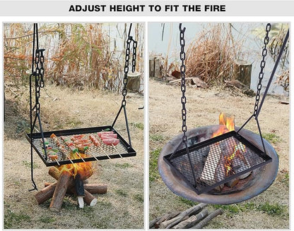 REDCAMP Swing Outdoor Campfire Grill Stand - Collapsible Campfire Cooking Rack with 6 Hooks & Iron Grill Grate, Portable Dutch Oven Hanger for Camping, Hiking, Cookware, Bonfire, Rectangle