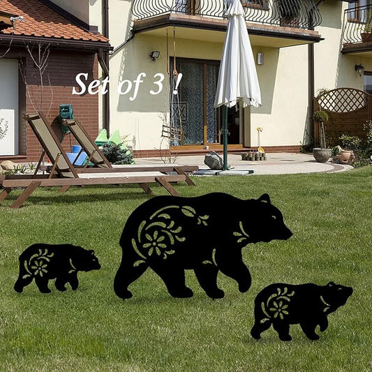 Outdoor Bear Garden Decor,Set of 3 Silhouette Metal Bear Statue Outdoor,Bear Garden Stakes for Outside (Bear Black)