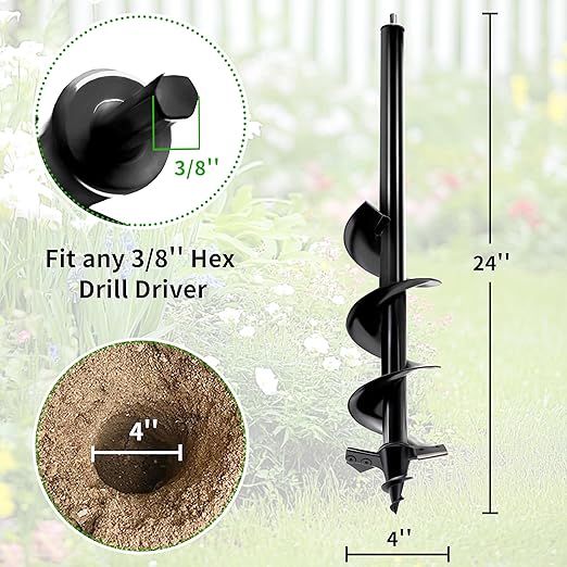 4"x24" Auger Drill Bit for Planting,Designed for Hard&Rocky Soil,Heavy-Duty Post Hole Auger with Upgrad Dual-Sharp Blades Tip,Garden Spiral Drill Bit & Plant Hole Digger,for 3/8" Hex Drive Drill