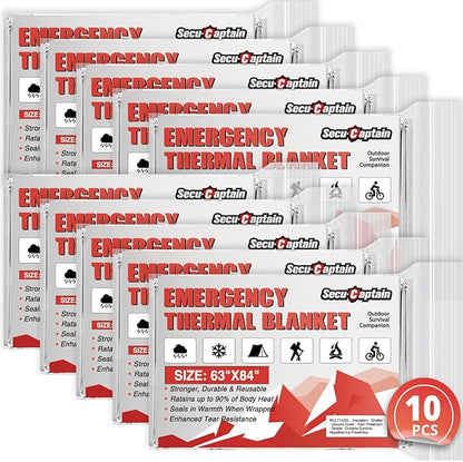 SecuCaptain Survival Emergency Thermal Blankets: Extra Large 84” x63” Space Mylar Blanket Kit for Outdoor Cold Winter Camping Hiking Car Bug Out Bag or First Aid - 10 Pack