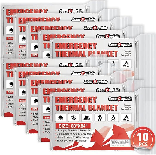 SecuCaptain Survival Emergency Thermal Blankets: Extra Large 84” x63” Space Mylar Blanket Kit for Outdoor Cold Winter Camping Hiking Car Bug Out Bag or First Aid - 10 Pack
