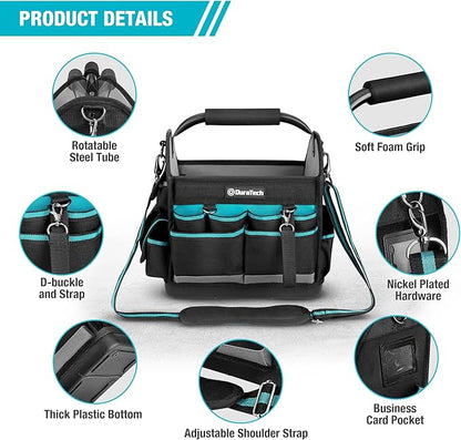DURATECH 12 Inch Tool Tote with Waterproof Hard Bottom, Electrician Tool Bag with Rotating Handle, Open Top Tool Bag Wide Mouth Multi-Pockets, Tool Carrier for Mechanic Plumber Electrician HVAC