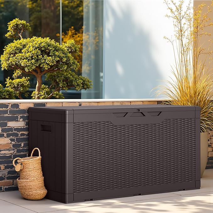 Greesum Outdoor Storage Box 100 Gallon Storage Bin with Lid for Patio Furniture, Garden Tools, Pool Supplies, Lockable, Waterproof and UV Resistant, Dark Brown