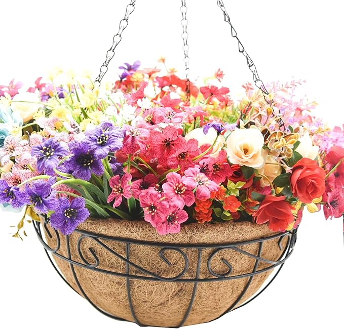 4 Pack 14 Inch Hanging Baskets for Plants Outdoor Metal Hanging Planter Basket with Coco Coir Liner Hanging Flower Pots Holder for Garden, Patio(Flower)