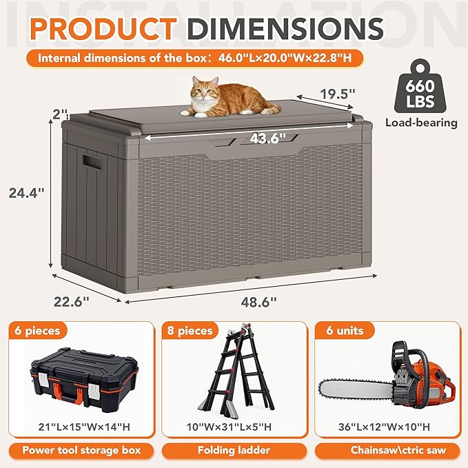 110 Gallon Deck Box Outdoor Indoor Waterproof Storage Box for Patio Furniture, Pool Accessories, Garden Tools, and Cushion Storage, Coffee