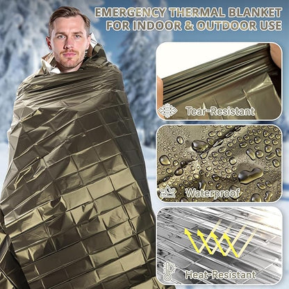 SecuCaptain Survival Emergency Thermal Blankets: Extra Large 84” x63” Space Mylar Blanket Kit for Outdoor Cold Winter Camping Hiking Car Bug Out Bag or First Aid - 4 Pack Amygreen