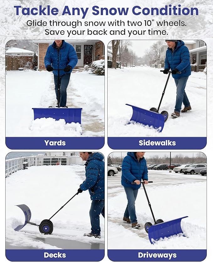 36” Snow Shovel for Driveway,Heavy Duty Wheeled Rolling Shovels 5 Position Angled Blade, Ergonomic Handle & Rubber Wheels for Efficient Snow Removal, Snow Plow for Doorway,Driveway and Sidewalks