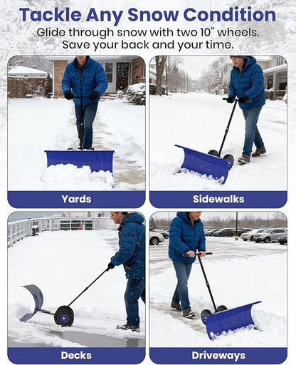 36” Snow Shovel for Driveway,Heavy Duty Wheeled Rolling Shovels 5 Position Angled Blade, Ergonomic Handle & Rubber Wheels for Efficient Snow Removal, Snow Plow for Doorway,Driveway and Sidewalks