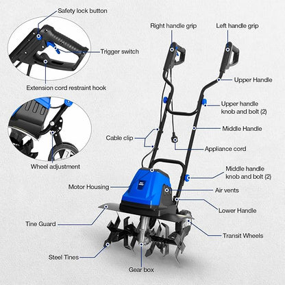 BILT HARD 18 Inch Electric Tiller Cultivator, Corded 15 Amp 6 Steel Tines Tillers for Gardening, Garden Rototiller for Soil Digging with Adjustable Wheels
