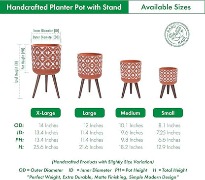 D'vine Dev 12 Inch Planter Pot with Stand, Mid-Century Tall Plant Pot with Legs for Indoor Plants, Pottery Red Terracotta/White, 88-G-C-5