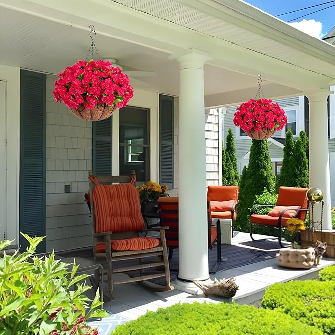 Artificial Hanging Flower Plants with Basket for Outdoor Decoration, Faux Petunias Flowers Fake Morning Glory Planter for Outside Patio Garden Porch Balcony Yard Decor(Rose Red)