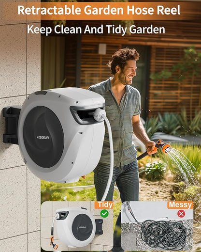 KOSOEUR Retractable Garden Hose Reel, 1/2 In X 100 ft Retractable Hose Reel, Automatic Retractable Water Hose Reels for Outside with 10 Pattern Nozzle, Any Length Lock Auto-retract 180° Swivel Bracket