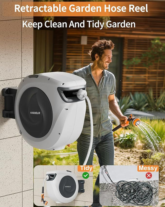 KOSOEUR Retractable Garden Hose Reel, 1/2 In X 100 ft Retractable Hose Reel, Automatic Retractable Water Hose Reels for Outside with 10 Pattern Nozzle, Any Length Lock Auto-retract 180° Swivel Bracket