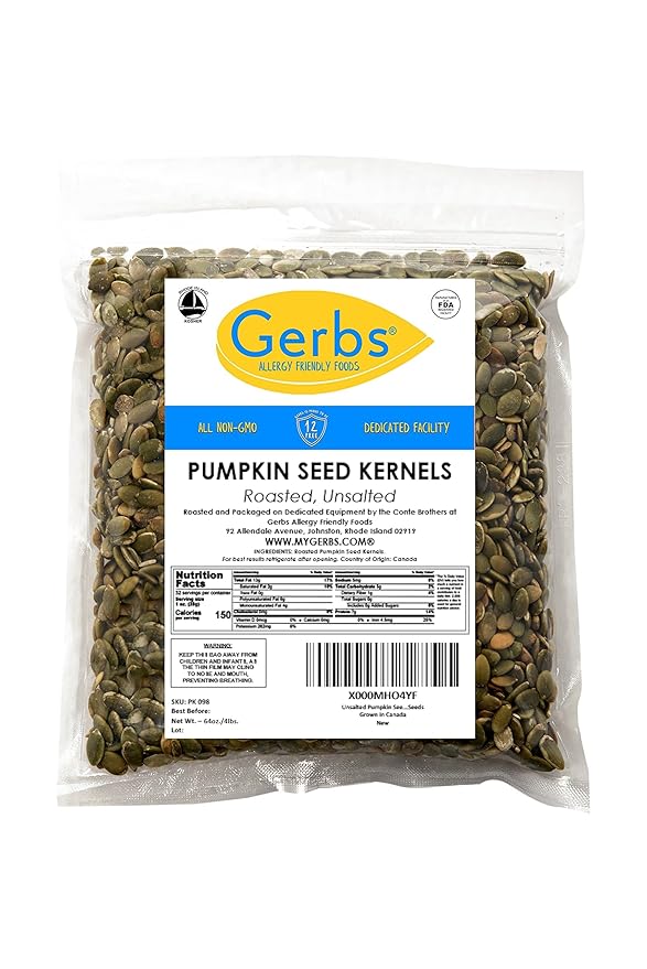 GERBS Unsalted Pumpkin Seed Kernels 4 LBS|Top 14 Allergy Free Food |Use in salads, yogurt, bake, oatmeal, trail mix|Grown in Canada, packed in US