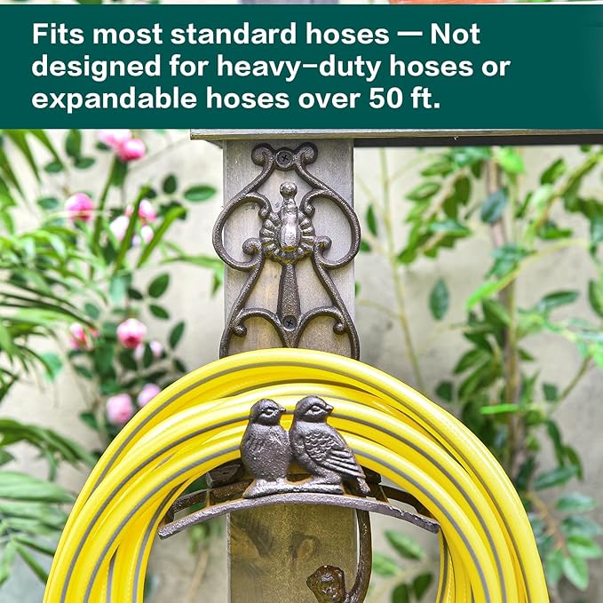Sungmor Vintage Cast Iron Garden Hose Holder - Small Decorative Wall Mount Hose Hanger with Birds & Scroll, Heavy Duty Outdoor Storage Hook for Yard, Garden, or Patio - Rustic Bronze Finish