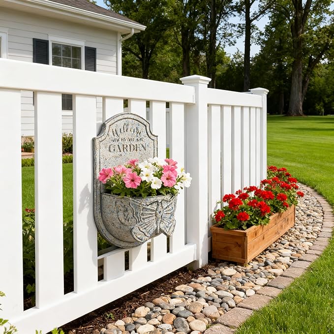 Rustic Metal Wall Planter for Outdoor Vintage Distressed Butterfly Wall Mounted Flower Holder Pot Shabby Blue Iron Plant Basket for Garden Farmhouse Home Balcony Patio Decorative