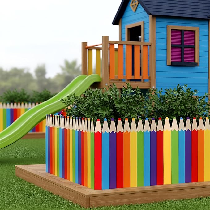Colored Pencils Wood Garden Edging Fence 15.7" H x 47.2" L Decorative Landscape Edging Border Outdoor Wood Fence for School Yard Tree Flower Bed Borders