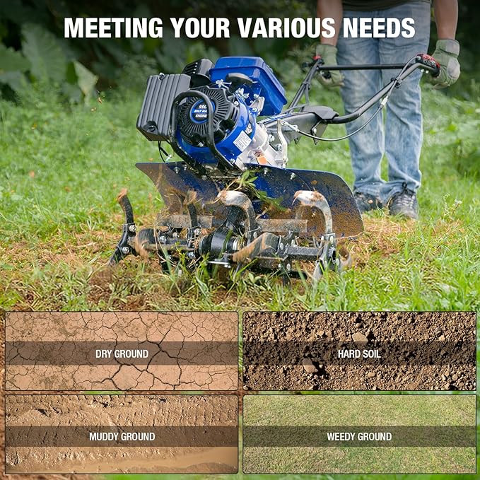 BILT HARD 24'' 99cc 4-Cycle Gas Tiller Cultivator, Variable Width Front Rotating Tines Tiller, 11.8'' Max Working Depth, Adjustable Handle & Wheels Rototiller for Weeding, Cultivating, Digging
