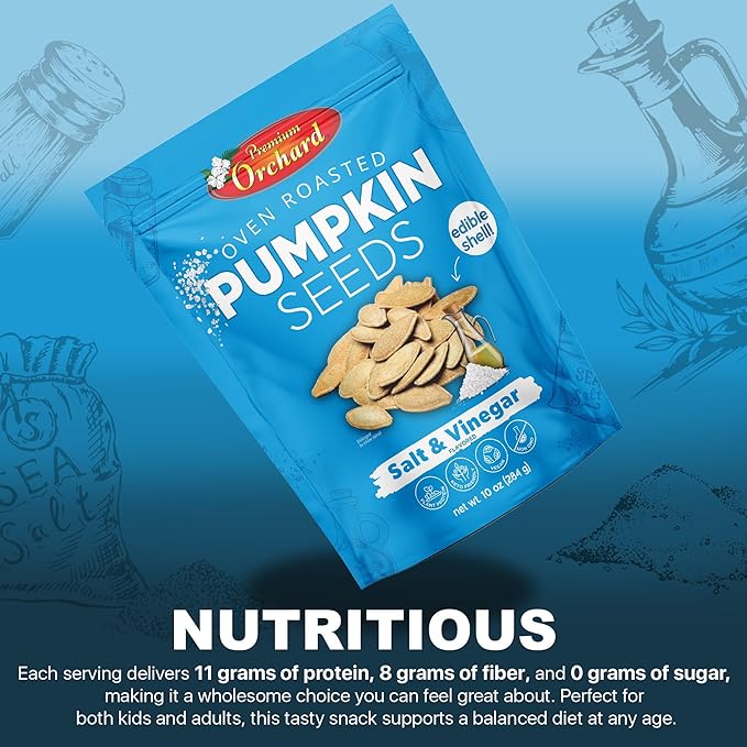 PREMIUM ORCHARD Flavored Pumpkin Seeds Oven Roasted | Salt and Vinegar| High Protein Snacks for Kids and Adults | Vegan Snack | Non GMO | KETO