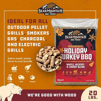 Bear Mountain BBQ Maple, Hickory & Cherry Blend Smoker Pellets, Holiday Turkey Blend, 20 Pounds